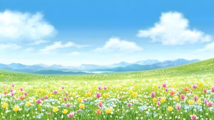 A picturesque field of blooming flowers stretches out before a mountain range, with a bright blue sky and fluffy white clouds.