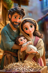 Cartoon image of Virgin Mary and St. Joseph with baby Jesus in their arms in a manger. © EJManzaneque