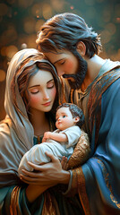 3d illustration of Virgin Mary and St. Joseph with baby Jesus in their arms. Christmas theme