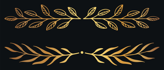 A set of decorative golden dividers. Vector on black background 