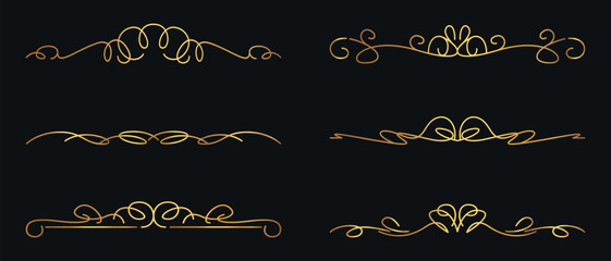 A set of decorative golden dividers. Vector on black background 