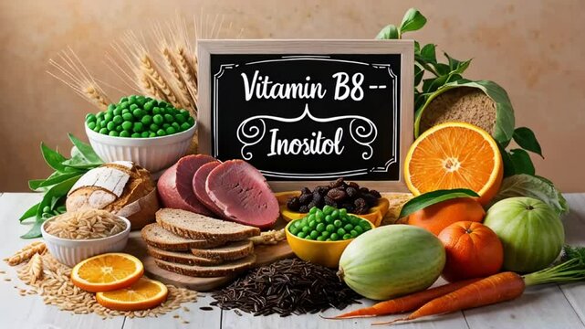 Various fresh food vegetables, fruits, with the sign inscription vitamin B8 Inositol
