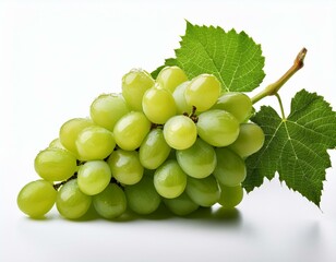 Isolated green grape bunch with leaves, shot on white, highlighting freshness and appeal for food and beverage advertisements