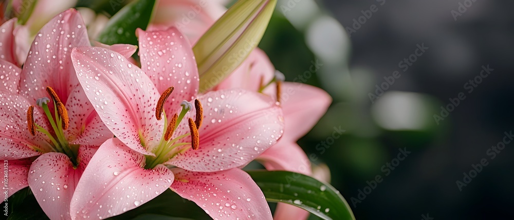 Poster delicate lilies with glistening water droplets on their soft fragile petals backlit by warm natural 
