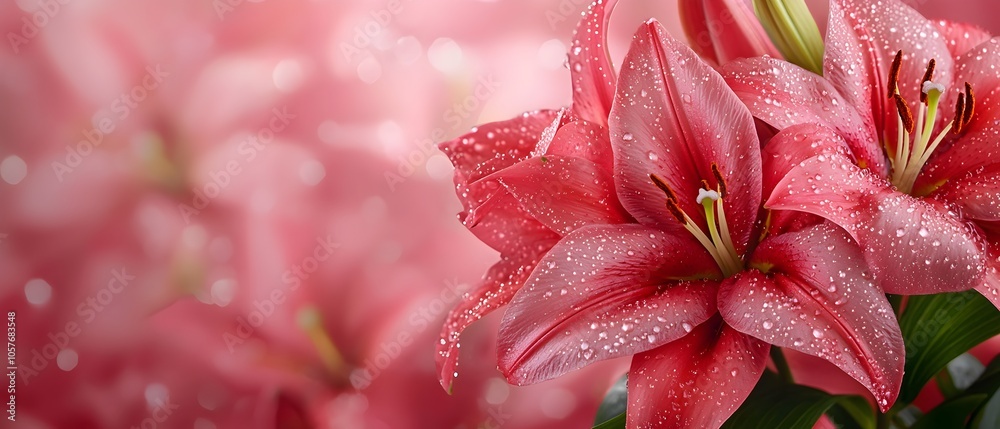 Poster delicate lilies with water droplets glistening on the petals backlit by the warm natural sunlight cr
