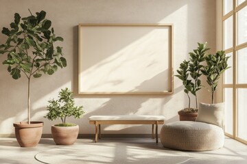 mockup, wide horizontal portrait frame in living room beige background