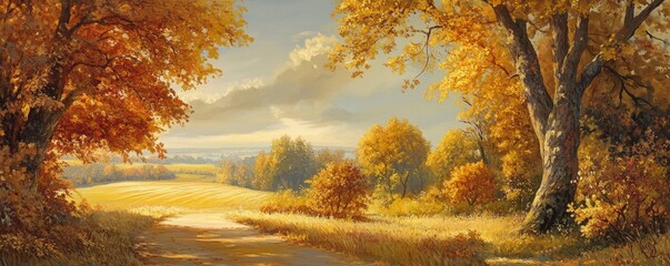 Golden autumn landscape with trees, path and fields