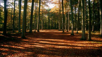 Sunbeams illuminate a path through a deciduous forest, where fallen leaves blanket the ground.