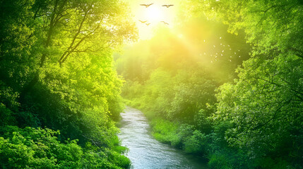 Obraz premium Sunlight streams through lush green trees over a winding river.