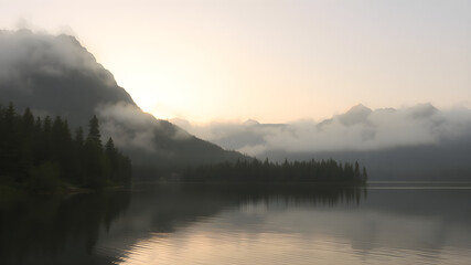 Fototapeta premium minimal, cinematic, dense fog over a tranquil pond, thunderstorm, dark teal and amber, Sony A7 IV