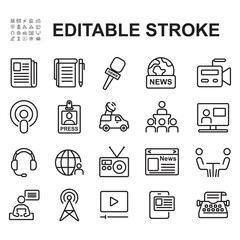Collection of mass media journalist icons. Thin line vector. Contains icons such as newspaper, news reading, camera and more.