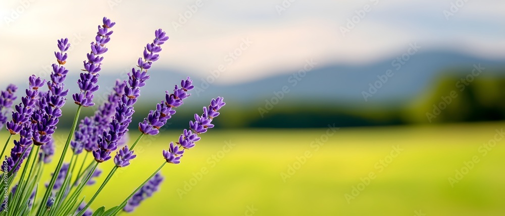 Poster soft dreamy bokeh of lavender flowers in a row with gentle morning light casting a serene pastoral m