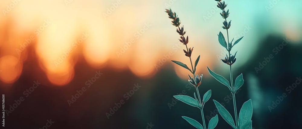 Poster soft and dreamy close up image of lavender flowers in a row bathed in gentle morning light with a bl