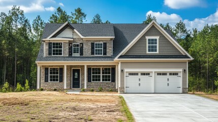 A large house with a white garage door and a black front door
