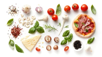 Naklejka premium Assorted pizza ingredients on white background.