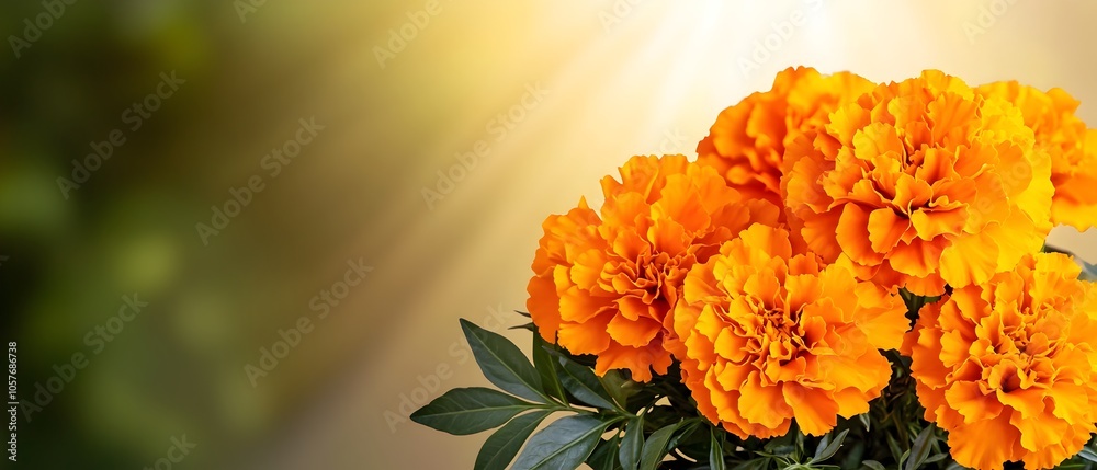 Poster warm golden glow of sunlight filtering through a vibrant field of blooming marigolds creating a sere