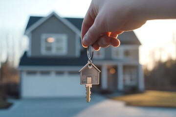 House Keys. Keys from new housing, dwellings among blurred real estate, apartment building. Relocation. Open entrance door, house shaped keychain. Door Keyring. Real estate, agent, insurance, property