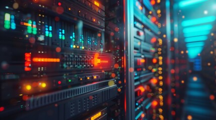 Data Server Racks with Colorful Lights in Datacenter