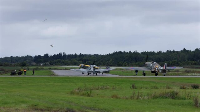 Gatineau Quebec Canada - September 8th 2023 - P-51D Hawker Hurricane Spitfire on runway