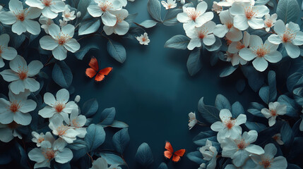 Delicate white flowers and butterflies on a dark background, creating an enchanting floral arrangement.