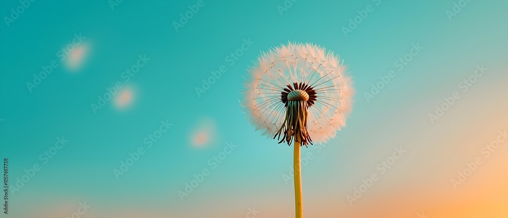 Poster closeup of fluffy white dandelion seeds drifting peacefully through the air against a soft blurred n