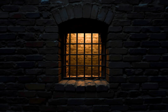 Close-up of a barred window in an old brick wall, dimly lit from the inside, evoking themes of confinement, isolation, and solitude, often associated with prison or detention