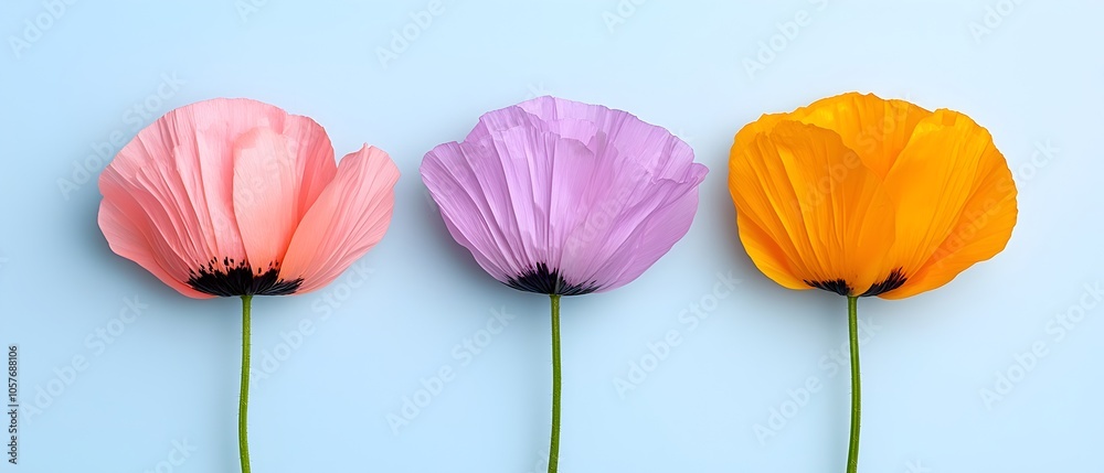 Poster delicate poppy flowers with vibrant petals gently swaying in the soft morning light creating a seren