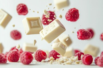 white chocolate and raspberries, white background