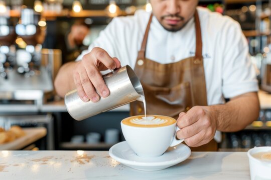 Barista creating latte art in a coffee shop.