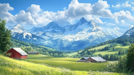 Fototapeta premium Peaceful view of grassy farm with stunning snowy mountain range in background, perfect for nature and rural lifestyle themes.