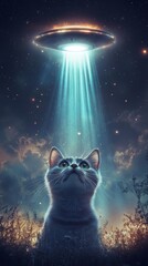 Curious cat observing extraterrestrial spaceship at night