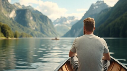 Fototapeta premium Man fishing in a boat on a tranquil lake surrounded by mountains at sunset