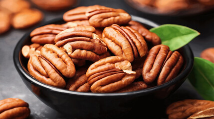 Fototapeta premium Close-up of a black bowl filled with shelled pecan nuts on a dark background with green leaves.