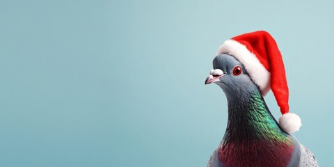 Dove wearing a Santa Claus Hat on a light blue color background. Copy space for your text. Cute funny pigeon dressed carnival clothes, red costume. Humor, winter concept. Bird wear headwear Xmas party