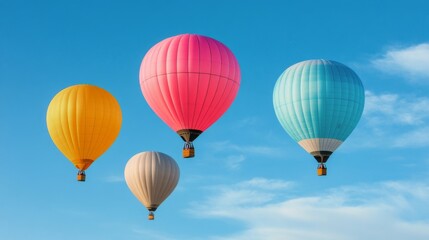 Fototapeta premium Colorful hot air balloons floating in a clear blue sky during a serene morning