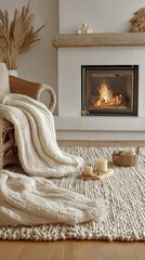 Fototapeta premium Cozy Warm Living Room with Fireplace and Blanket