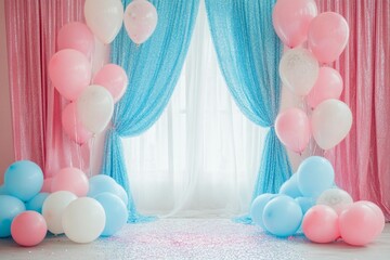 birthday theme, arched balloon in blue pink and white colors, pink wall and floor