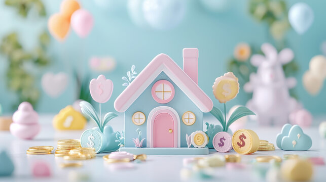 Property loan with dollar icon, scattered coins in pastels, 3D illustration, pastel home lone, finance and real estate
