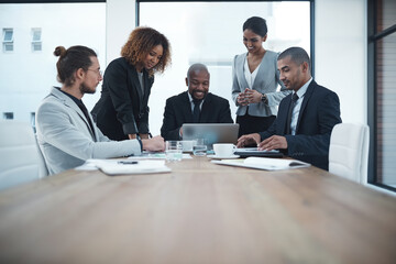 Business, people and laptop at office with smile for project results, report or feedback as market research analyst. Corporate, employees and happy in meeting with discussion, insight and updates