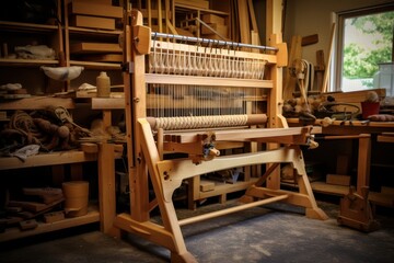 Wooden loom stands ready for weaving in a workshop filled with tools and materials