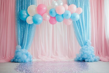 birthday theme, arched balloon in blue pink and white colors, pink wall and floor