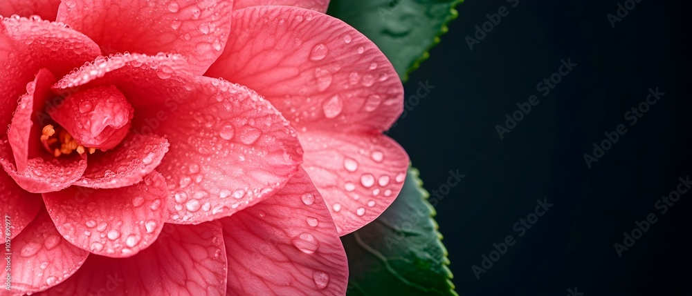 Poster elegant and delicate close up macro shot of a pink camellia flower with delicate dew drops glistenin