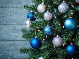 Fototapeta premium Blue and silver Hanukkah decorations on a Christmas tree, blending holiday themes
