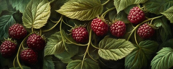 Ripe raspberries growing on vine in summer garden painting