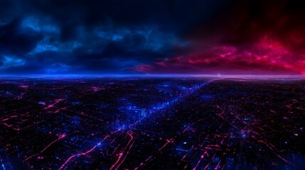 Fototapeta premium A futuristic city skyline glows with neon lights.
