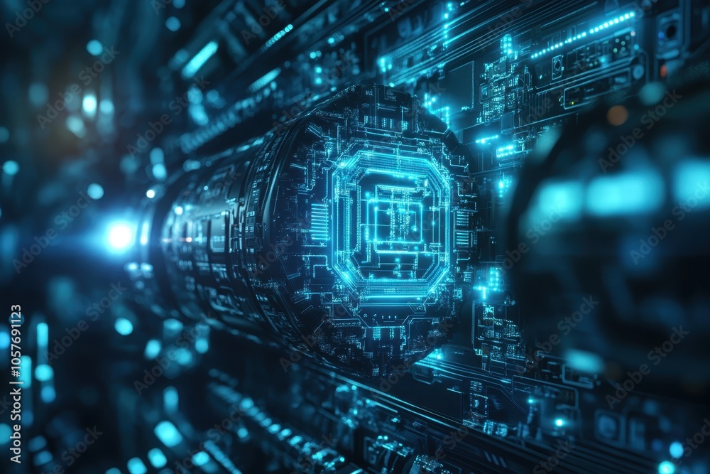 Poster futuristic technology in a data center with glowing circuits and a core processor at night