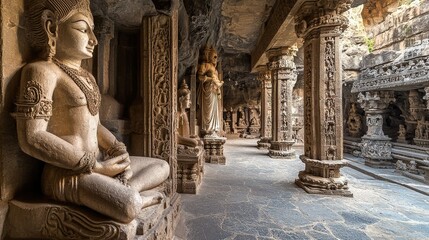 Ancient Jain Temple Courtyard with Carved Statues