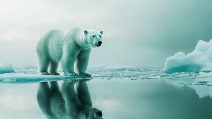 A stunning wildlife photograph of a polar bear standing on an ice floe, with the Arctic landscape stretching out behind.