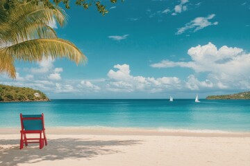 A tranquil beach with turquoise waters and palm trees on a sunny day in a tropical paradise