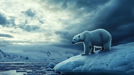 Naklejka premium A stunning wildlife photograph of a polar bear standing on an ice floe, with the Arctic landscape stretching out behind.